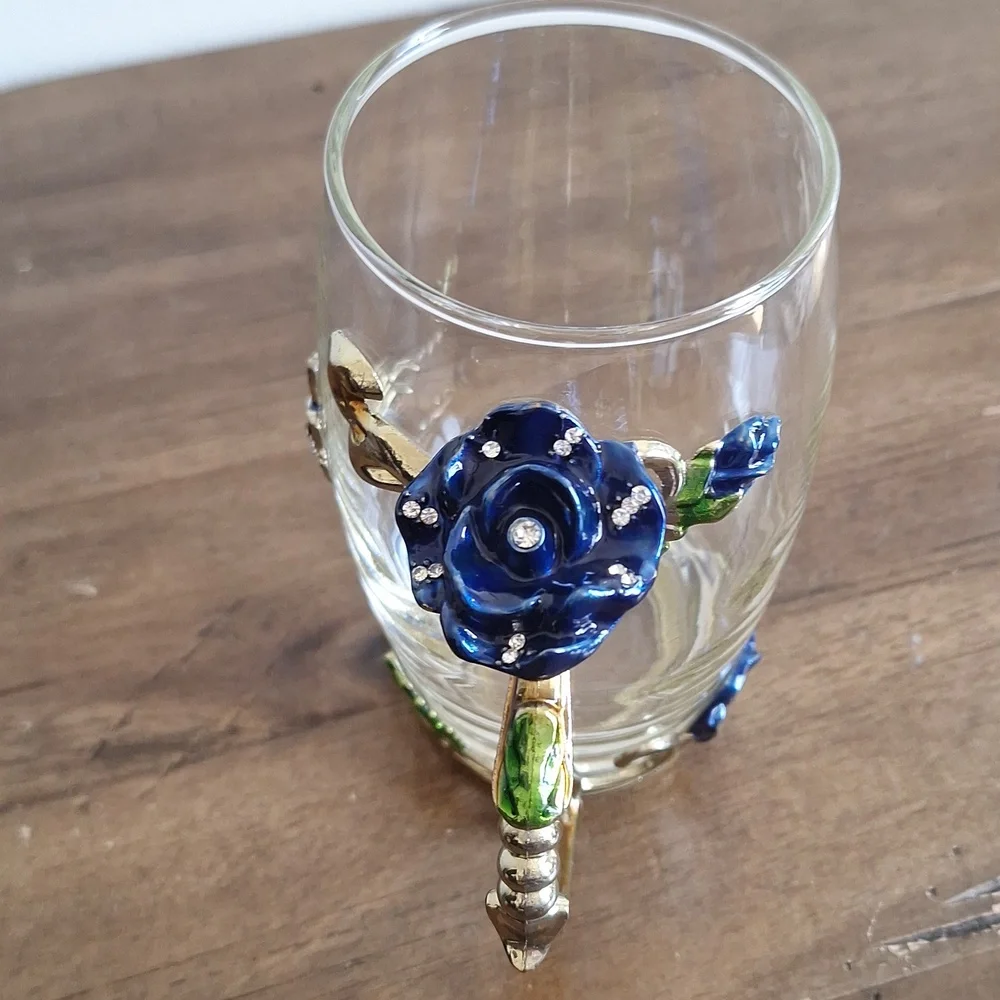 ​Enamel Blue Rose & Butterfly Glass Tea Mug | Vintage Style Floral Coffee Cup